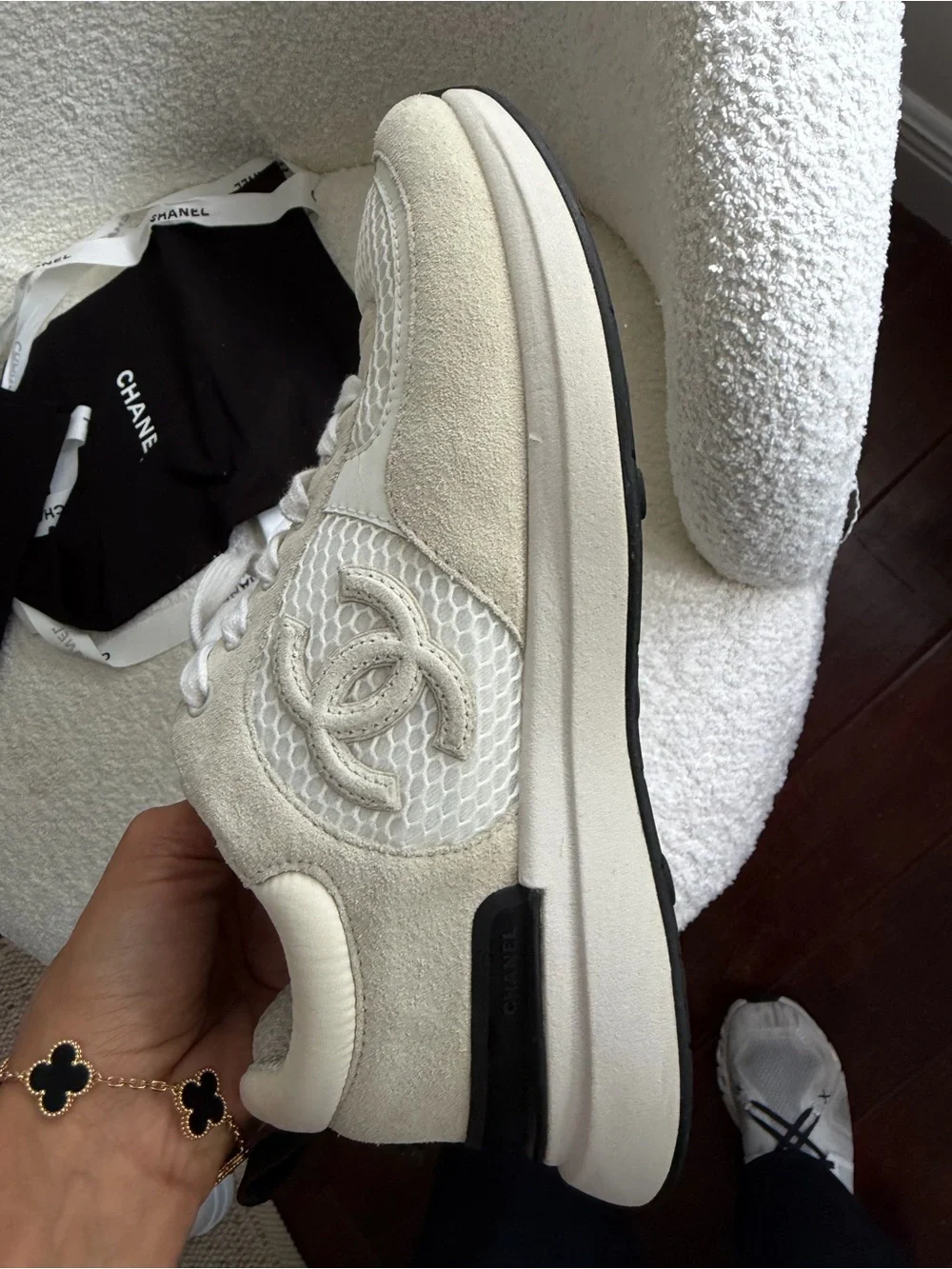 CHANEL Cream and White Interlaced CC Logo Sneakers